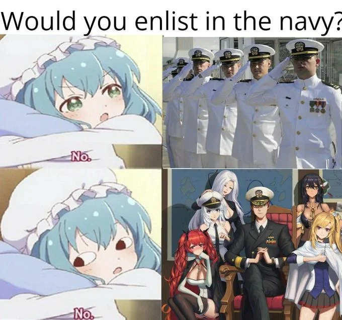 Meis No — Four-panel meme asking 'Would you enlist in the navy?' with Mei's 'No.' responses in left panels and military personnel reactions on the right.