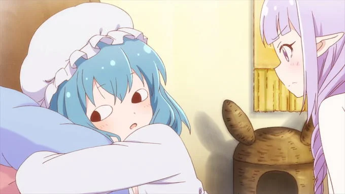 Meis No — Anime screenshot of Mei with red eyes and a surprised, conflicted expression in the same cozy interior scene.