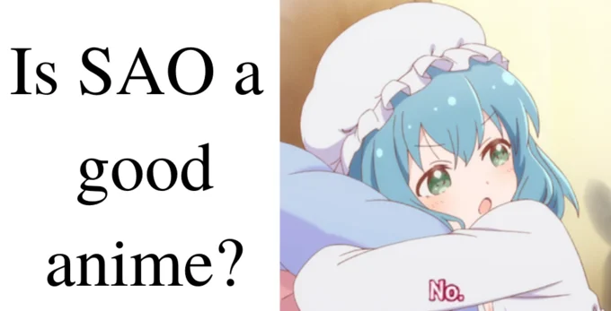 Meis No — Two-panel meme asking 'Is SAO a good anime?' with Mei's 'No.' response in pink text.