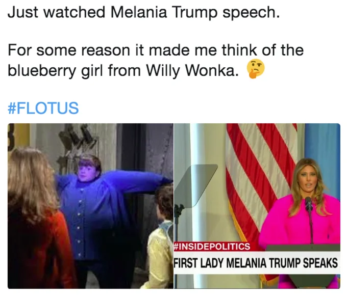 Melania Trumps Un Speech Dress — Two-panel comparison image pairing a Willy Wonka blueberry scene with Melania Trump in her puffy pink dress at the UN.