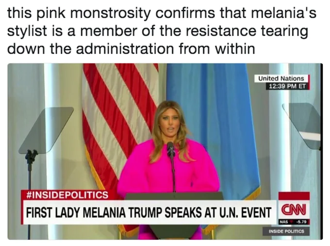 Melania Trumps Un Speech Dress — CNN news screenshot showing Melania Trump at the United Nations podium in a bold fuchsia pink dress with a joke caption about