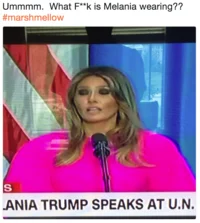 Melania Trumps Un Speech Dress — CNN broadcast close-up of Melania Trump at the UN in her hot pink dress with a tweet caption using the hashtag #marshmallow.