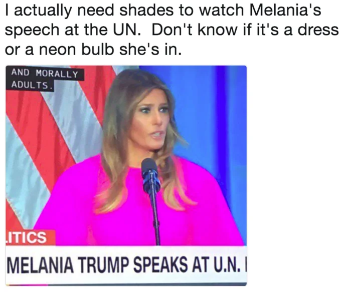 Melania Trumps Un Speech Dress — CNN broadcast close-up of Melania Trump in her vivid fuchsia dress at the UN with a joke caption about needing shades.