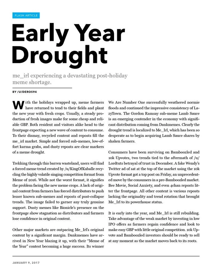 Meme Economy — Mock financial article titled Early Year Drought analyzing a January 2017 meme market slowdown on r/me_irl.