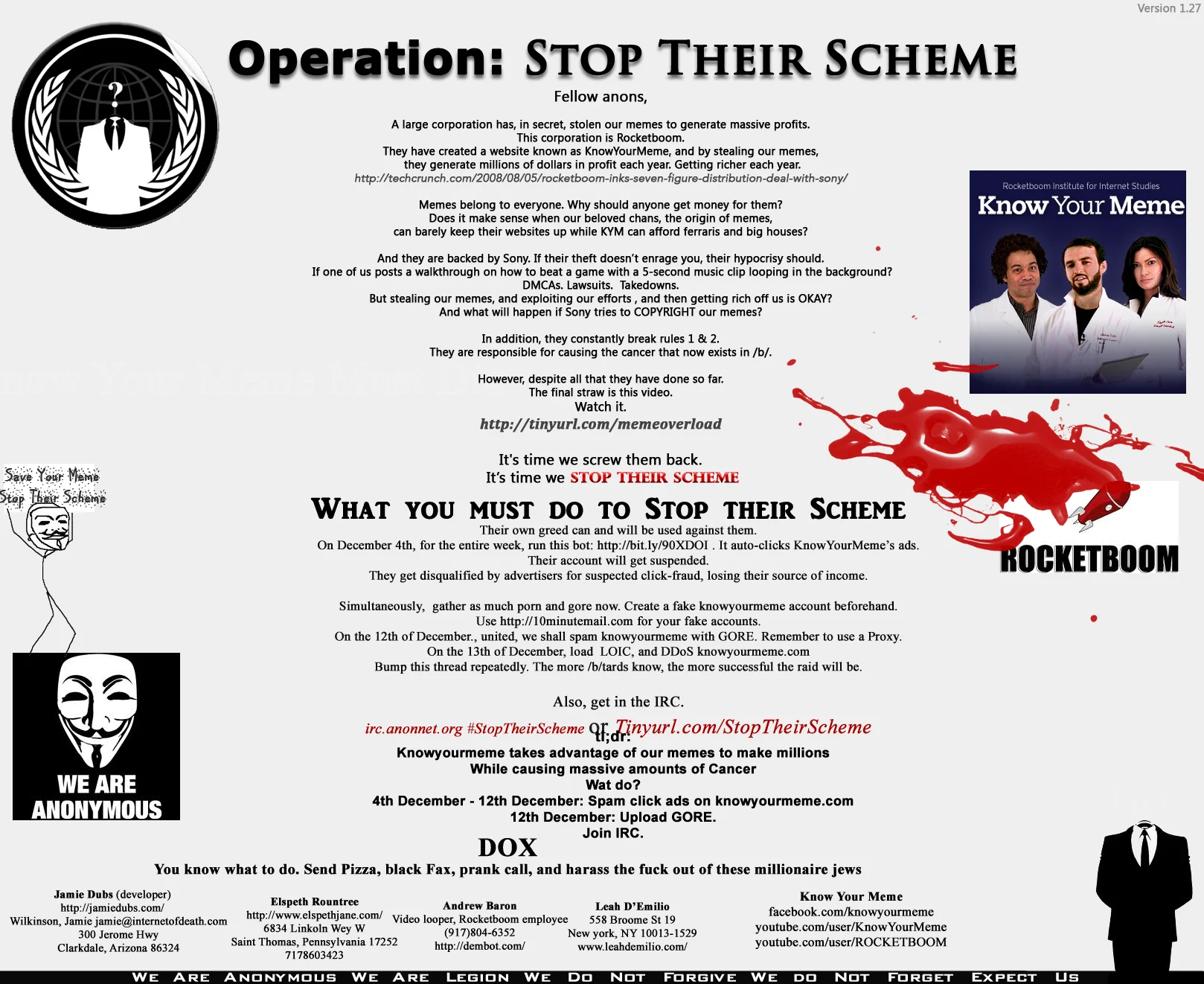 Meme Elitism — Detailed Operation Stop Their Scheme propaganda poster attacking Know Your Meme with a raid plan.