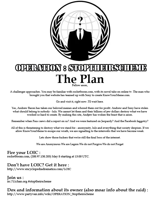 Meme Elitism — Anonymous propaganda flyer titled Operation Stoptheirscheme calling for a raid on Know Your Meme.