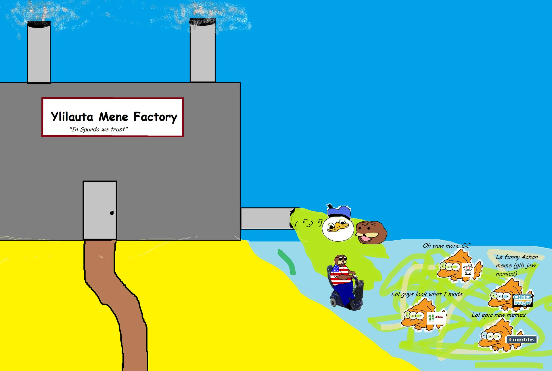 Meme Elitism — Cartoon of the Ylilauta meme factory dumping waste consumed by fish labeled 4chan, Reddit, Cheezburger and Tumblr.