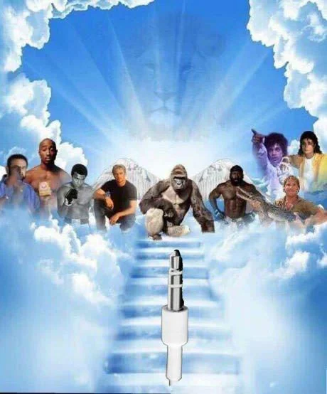 Meme Heaven template with a headphone jack climbing the stairs