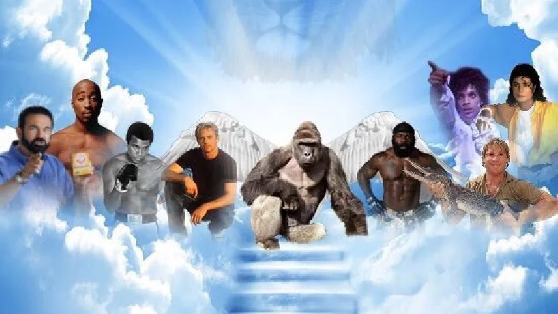 Meme Heaven — Stairway to heaven with Harambe surrounded by deceased celebrities on clouds