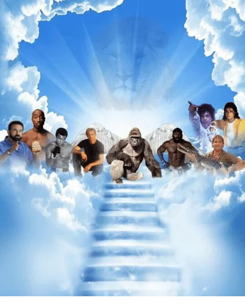 Portrait Meme Heaven template with Harambe and celebrities on cloud stairs
