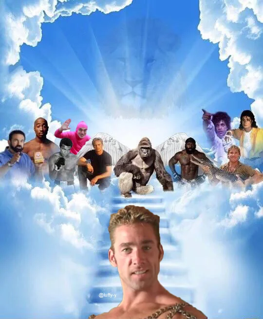 Meme Heaven template with a blonde woman climbing the stairs