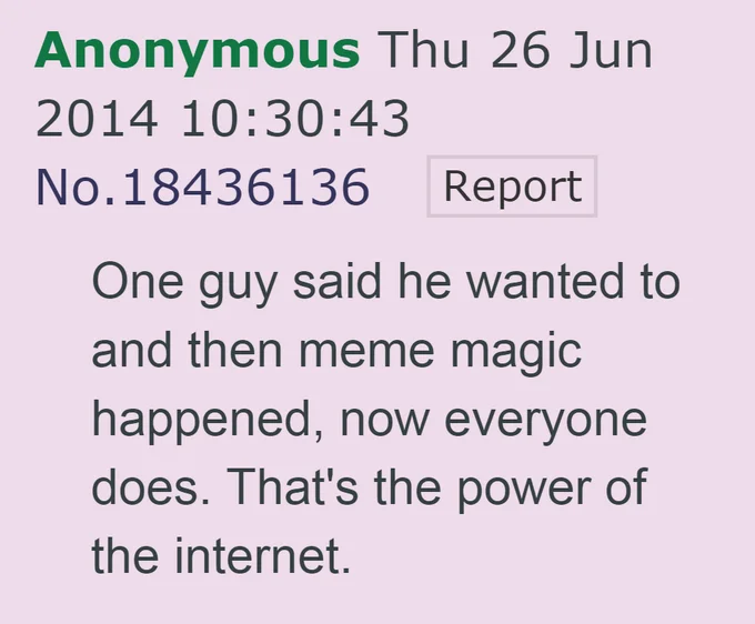4chan post from 2014 referencing the phrase 'meme magic happened'.