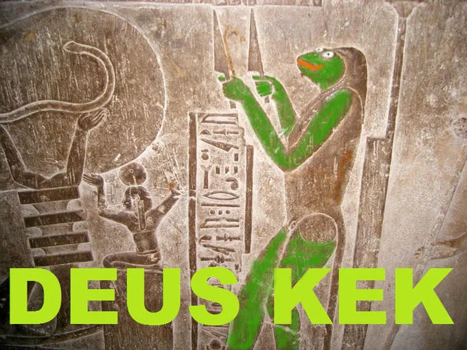 Meme Magic — Egyptian stone carving edited to make a figure look like Pepe, captioned DEUS KEK.