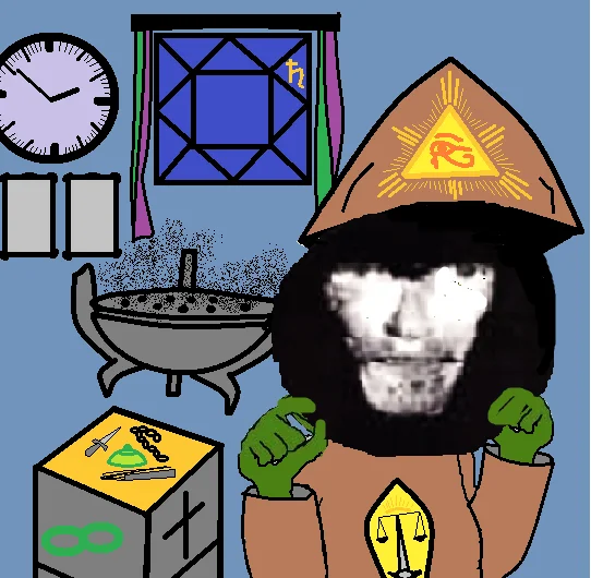 Cartoon of a hooded meme magician surrounded by occult items like a cauldron and ritual symbols.