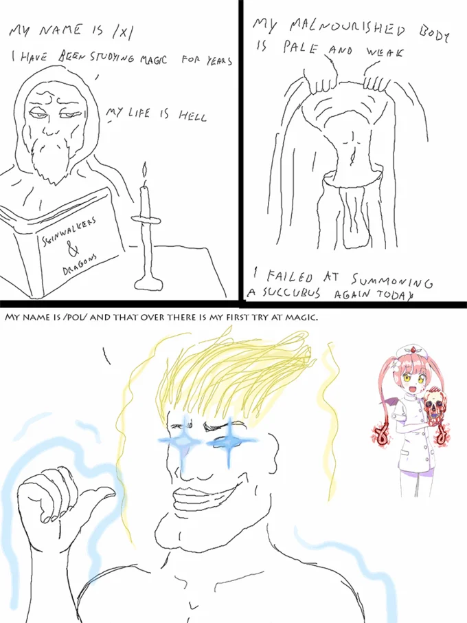 Hand-drawn comic comparing failed /x/ occult summoning with a successful /pol/ meme magic ritual.