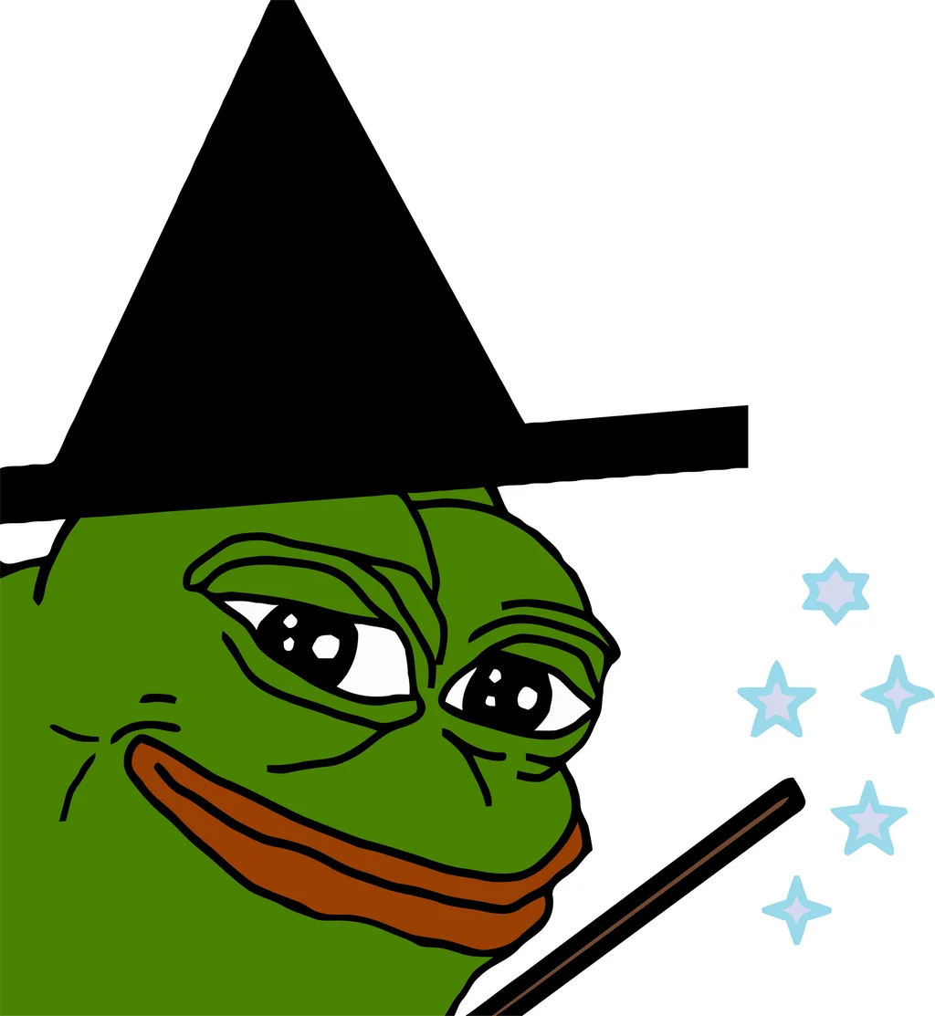 Meme Magic — Smug Pepe frog wearing a witch hat and waving a magic wand with blue stars.