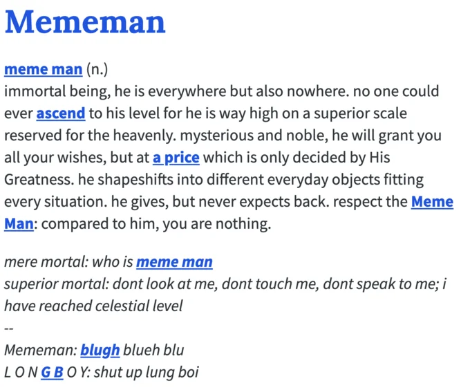 Meme Man with facial features swiveled sideways illustrating line of sight to a distant meme icon