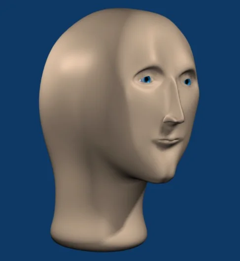 3D rendered bald mannequin head of Meme Man on dark blue background