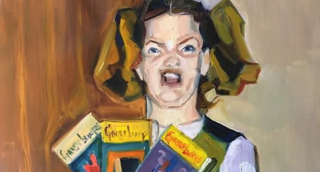 Meme Paintings — Oil painting of an angry pigtailed girl clutching Goosebumps books