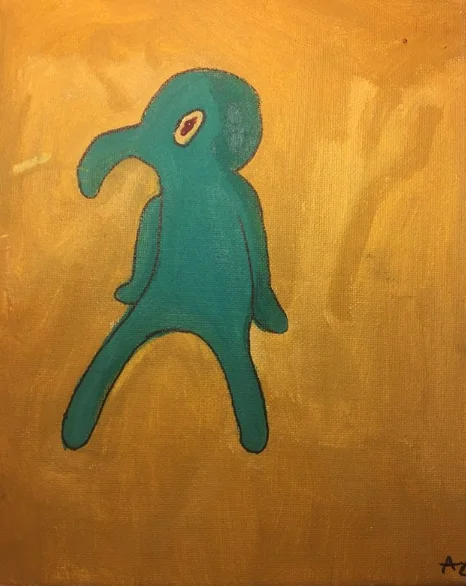 Meme Paintings — Amateur painting of a teal Squidward-like figure on yellow background