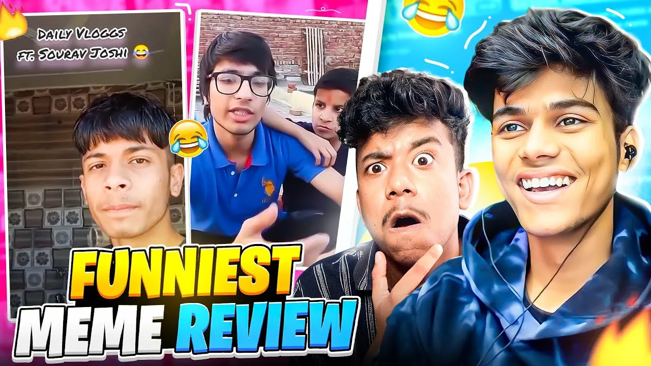 Four young men on colorful background with 'Funniest Meme Review' text