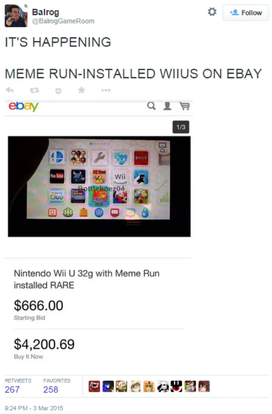 Tweet screenshot about Wii U consoles with Meme Run installed selling on eBay for inflated prices