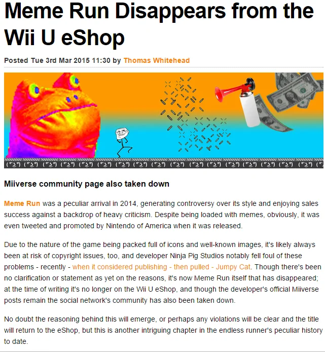 Nintendo Life news article headline about Meme Run being removed from the Wii U eShop