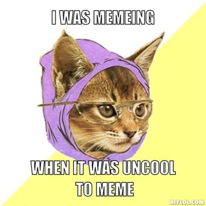 Hipster Kitty meme captioned 'I was memeing when it was uncool to meme'