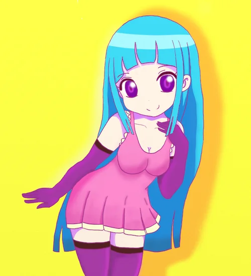 ME!ME!ME! — Cute anime girl with long blue hair in pink dress and purple gloves on a yellow background