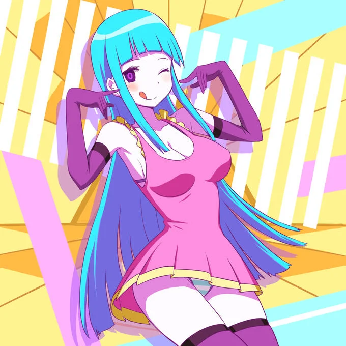 ME!ME!ME! — Winking blue-haired anime girl in pink dress and purple gloves posing against a colorful striped background