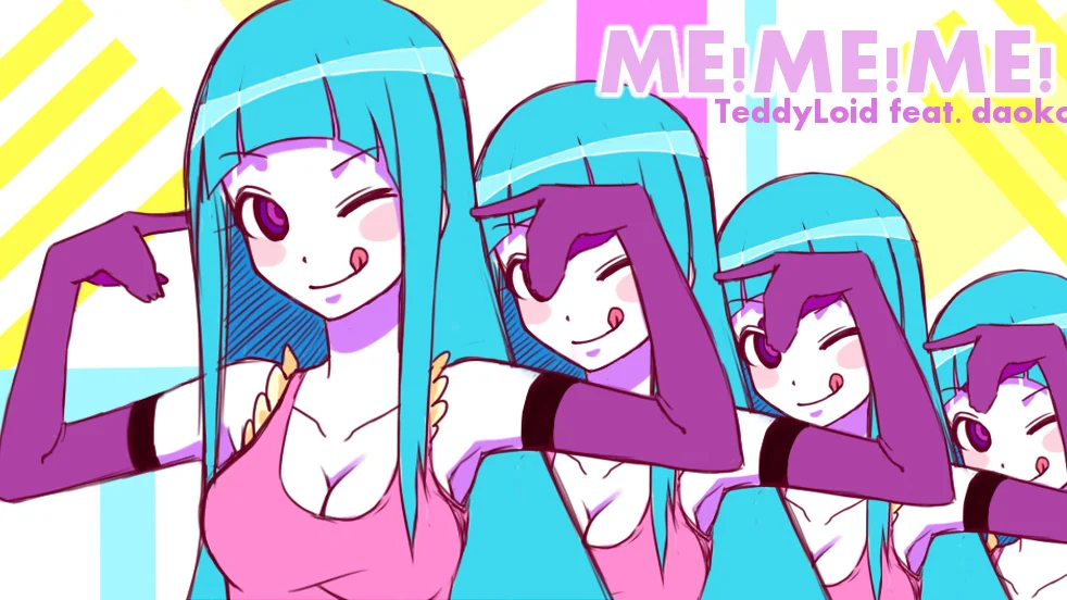 Four winking blue-haired anime girls in pink tops with the ME!ME!ME! TeddyLoid feat. daoko title logo