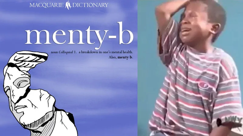 Menty B — Macquarie Dictionary definition page for 'menty-b' paired with an emotional expression image.