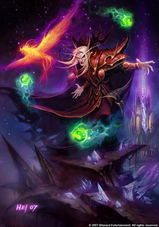 Merely A Setback — Illustration of Kael'thas Sunstrider surrounded by green arcane orbs with a phoenix companion in a purple cosmic scene.