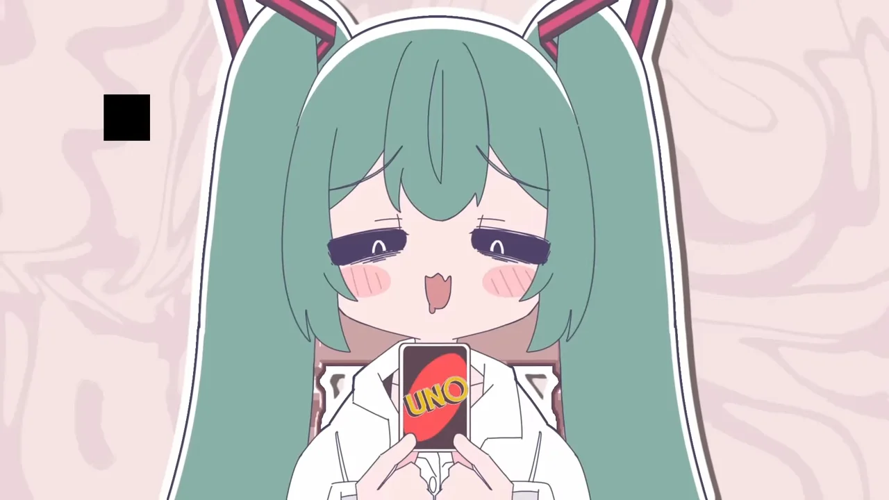 Mesugaki Miku — Chibi Hatsune Miku with smug half-lidded expression holding a red UNO card.