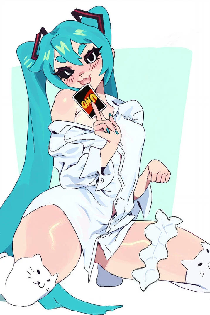 Mesugaki Miku — Hatsune Miku kneeling in oversized shirt licking an UNO card suggestively.