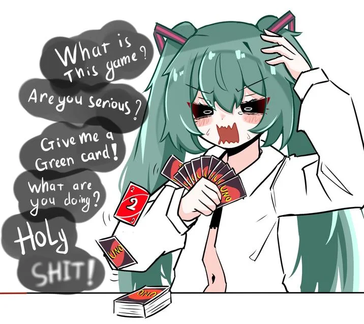 Mesugaki Miku — Panicked Miku holding many UNO cards while shouting confused complaints.