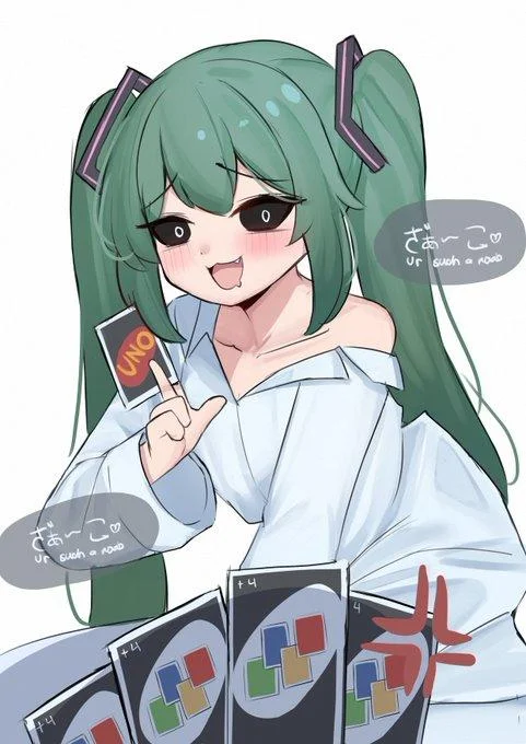 Mesugaki Miku — Smug Miku holding a hand of UNO +4 cards with 'zaako ur such a noob' taunts.
