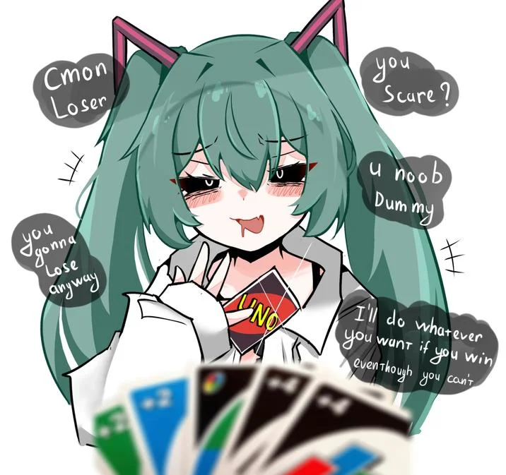 Mesugaki Miku — Smug Hatsune Miku surrounded by taunting speech bubbles while holding UNO cards.