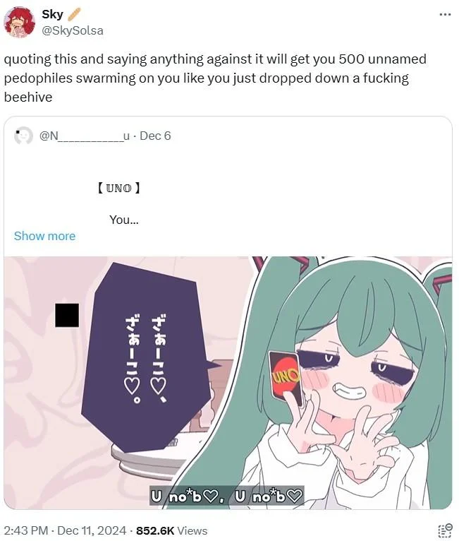 Twitter screenshot quoting the original mesugaki Miku UNO image with ironic commentary.