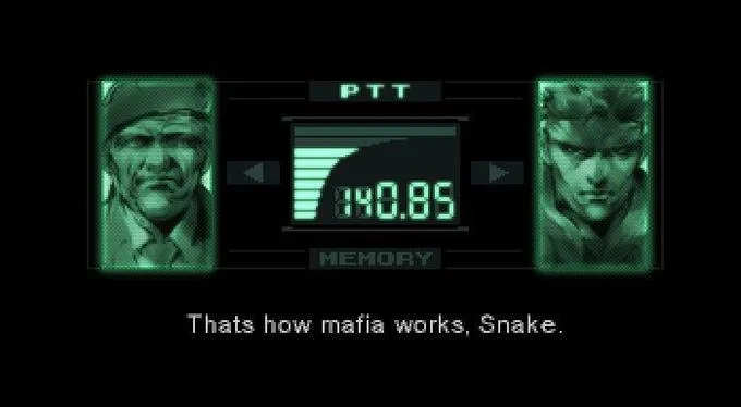 Metal Gear Codec Screen — A Metal Gear Solid codec screen meme with Colonel and Snake at frequency 140.85, caption 'Thats how mafia works, Snake.'