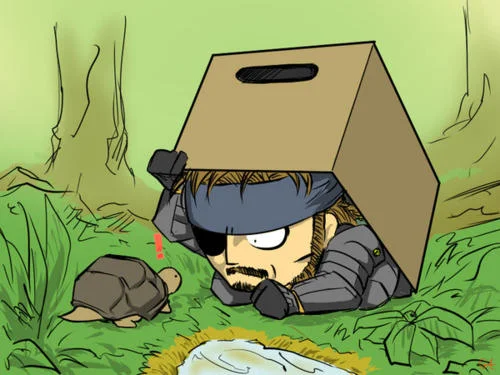 Metal Gear Solid Enemy Alert — Stylized cartoon illustration of a soldier in military gear hiding inside a brown cardboard box in a green environment.