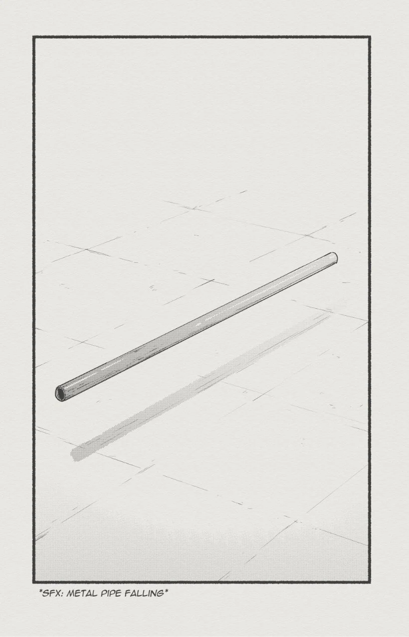 Metal Pipe Falling Sound Effect — Manga panel of a metal pipe on tiled floor with caption SFX Metal Pipe Falling