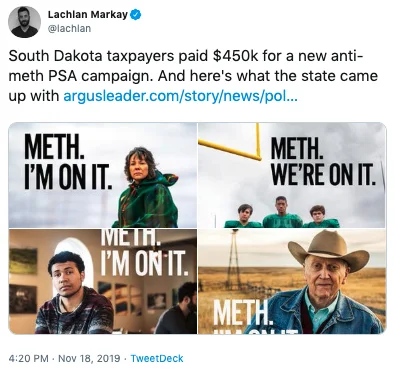 Meth Im On It — Twitter post featuring a 2x2 grid of South Dakota residents from the anti-meth campaign with overlaid text variations of the slogan.