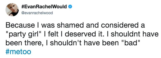 Screenshot of Evan Rachel Wood's verified Twitter post describing shame around sexual assault and ending with #metoo hashtag.