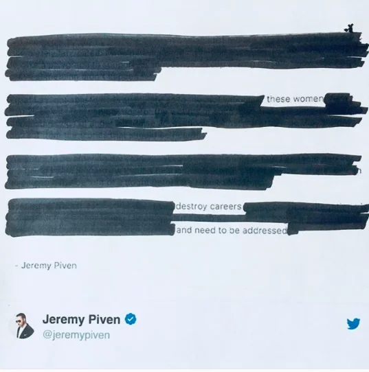 Metoo — Blackout poetry image from Jeremy Piven's statement with heavy redaction revealing damning fragmented message.