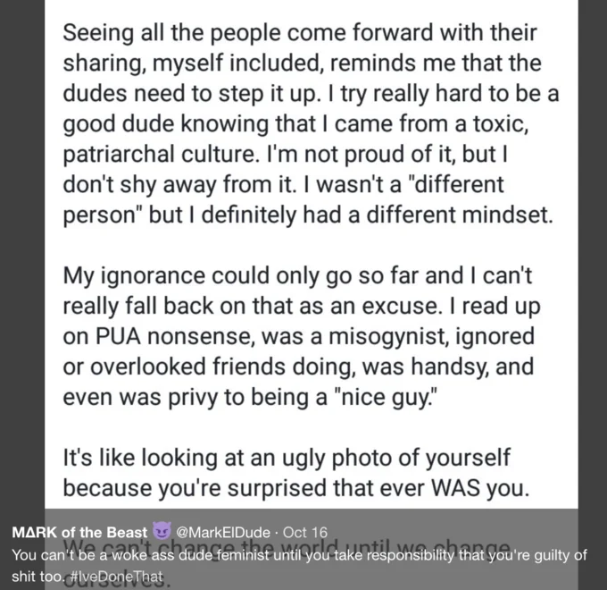 Metoo — Screenshot of lengthy Facebook-style post by @MarkElDude referencing #IveDoneThat and confessing past misogynistic attitudes.