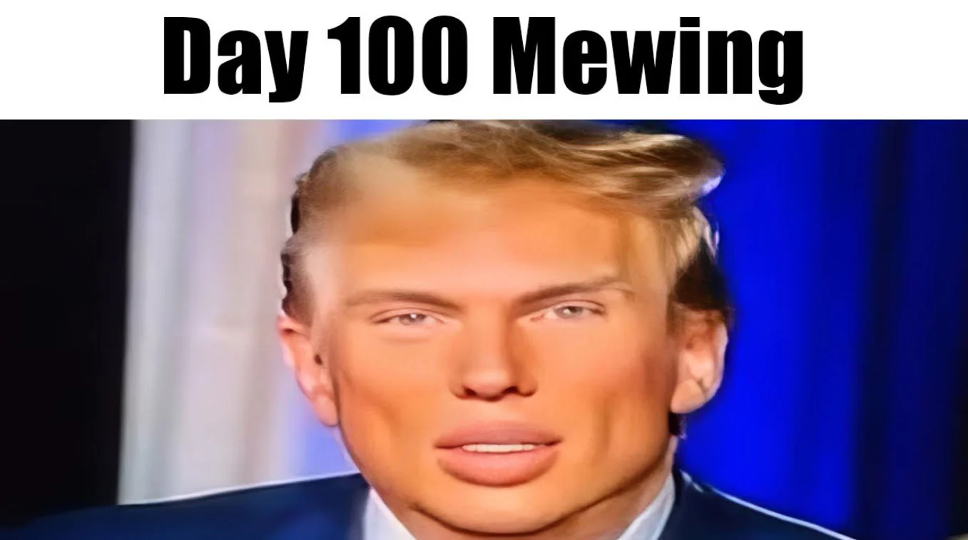 Portrait photograph labeled 'Day 100 Mewing' showing heavily exaggerated facial features.