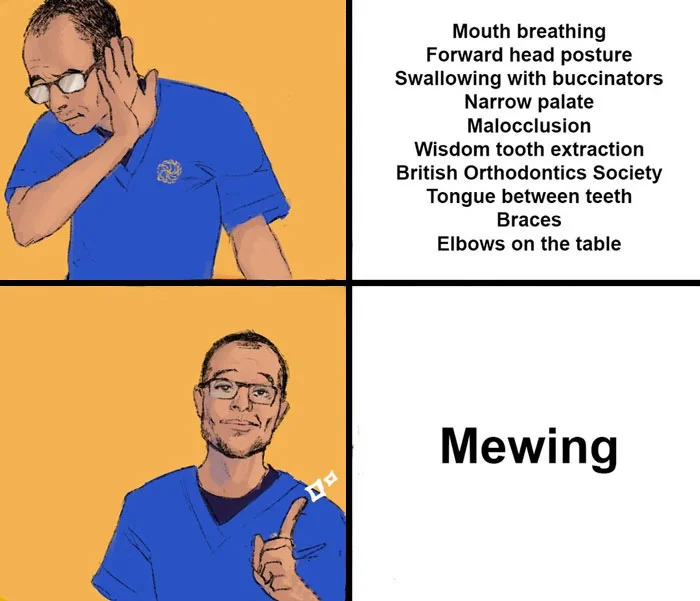 Multi-panel meme format showing a person rejecting various orthodontic practices in favor of mewing as the ultimate solution.
