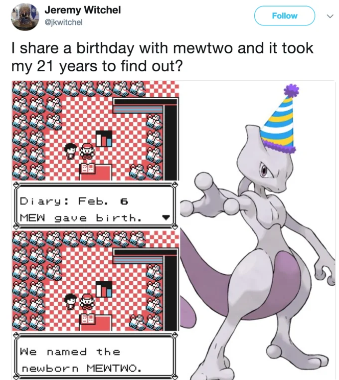 Tweet joking about sharing a birthday with Mewtwo, showing Pokemon diary screenshots and Mewtwo in a party hat