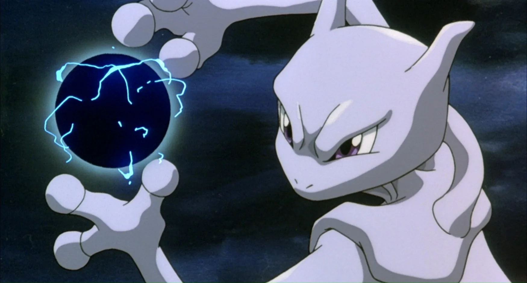 Mewtwo charging a blue Shadow Ball attack in the Pokemon anime